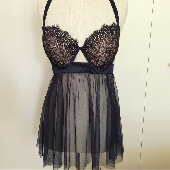 Victoria's Secret Other - Victoria’s Secret 36DD 14DD Navy Blue Lace Babydoll Lingerie Cami Halter